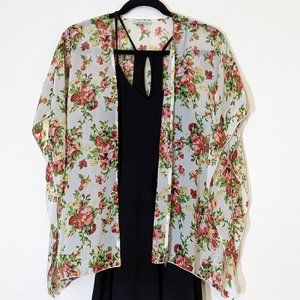 Sheer Ivory Red Floral Kimono Style Sheer Top - OSFM